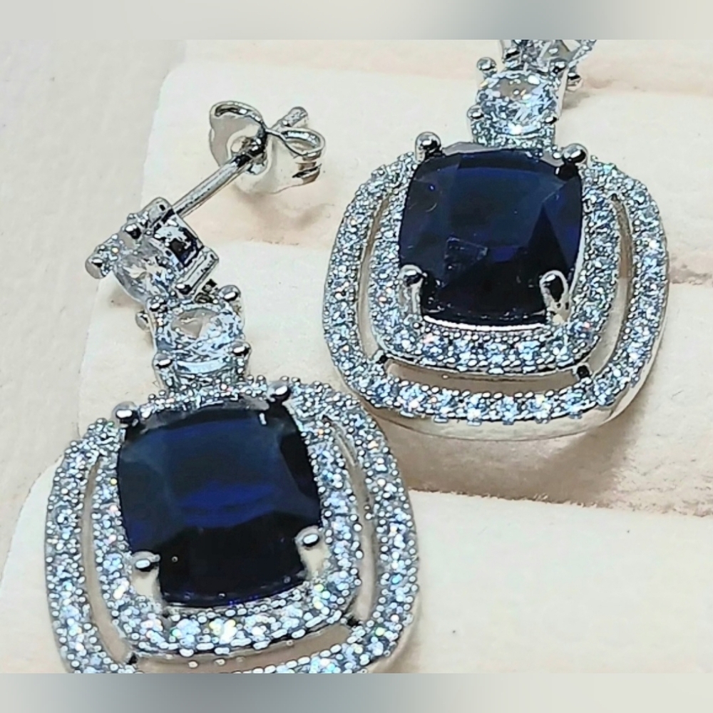 Crystal Silver and Blue Pierced Earrings NWOTs